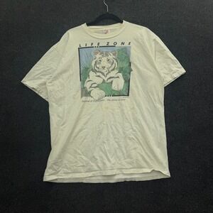 Vintage 90s Jerzees Life Zone White Bengal Tiger T-Shirt XL Cream Made in USA